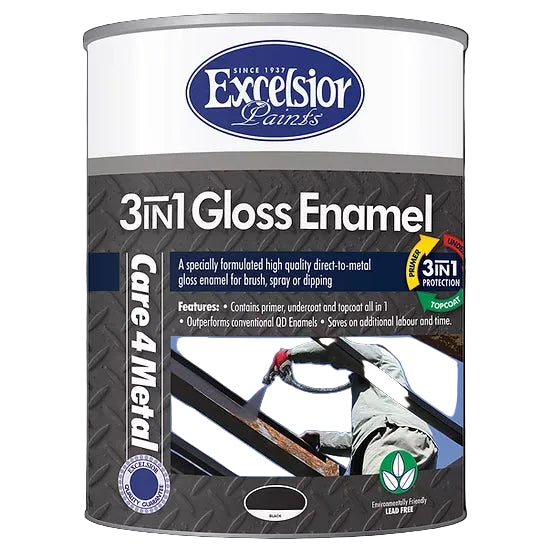 A can of Care-4-Metal 3in1 Gloss Enamel paint with the Excelsior brand visible on the label, indicating it's designed for direct-to-metal application on mild steel.