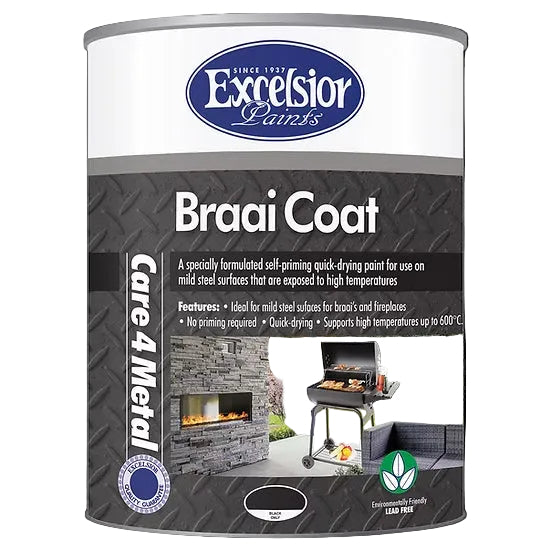 A can of Excelsior Braai Coat paint, designed for high temperature protection on metal surfaces, with an image of a braai (BBQ) on the label.