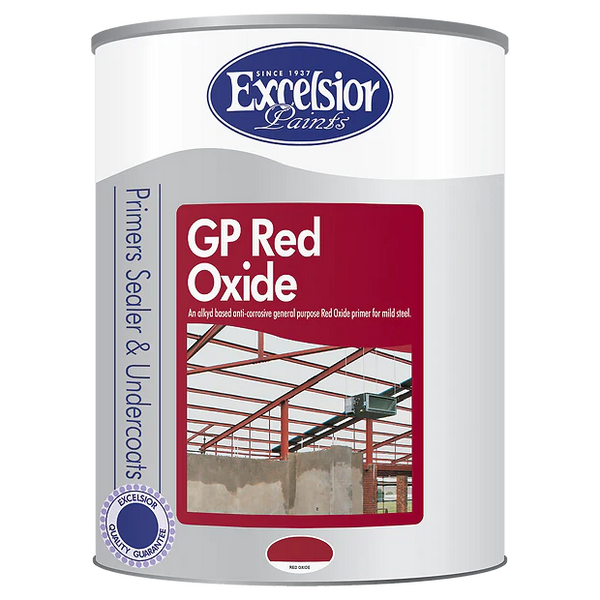 A can of GP Red Oxide Primer by Excelsior with a picture of a steel structure in the background.