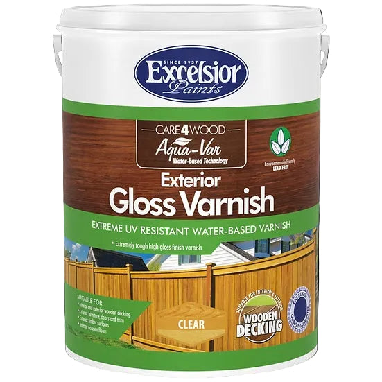 A container of Excelsior Exterior Gloss Varnish with a wooden fence and decking depicted on the label, indicating it is for wood surfaces.