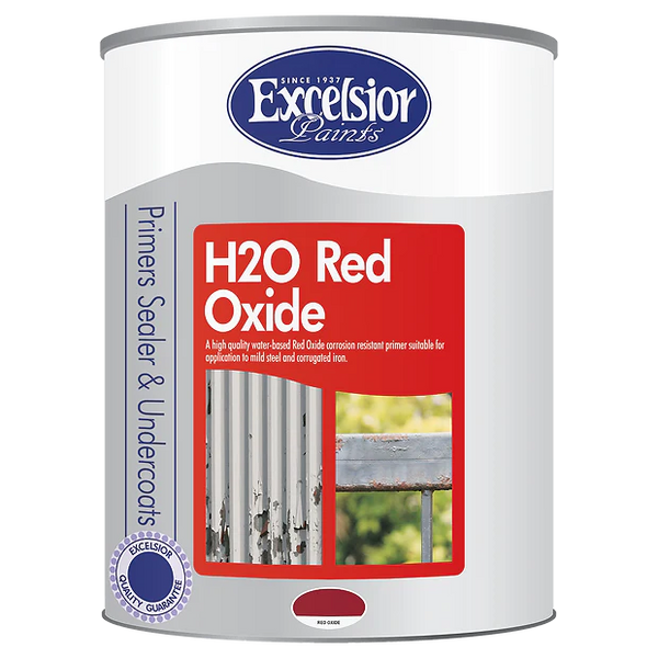 A can of Excelsior H2O Red Oxide Primer with a picture showing the product being applied to a metal surface.