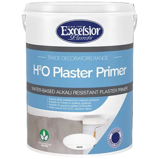 A container of Trade Decorators H2O Plaster Primer by Excelsior with branding and product information on the label.