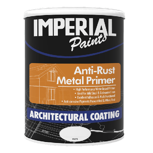 A can of Imperial Paints Anti-Rust Metal Primer with branding and product information displayed on the label.