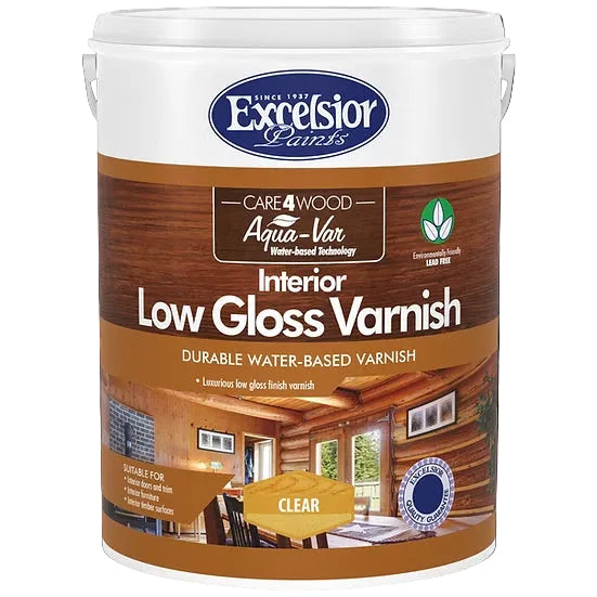 Excelsior Paints Interior Low Gloss Varnish can on a white background