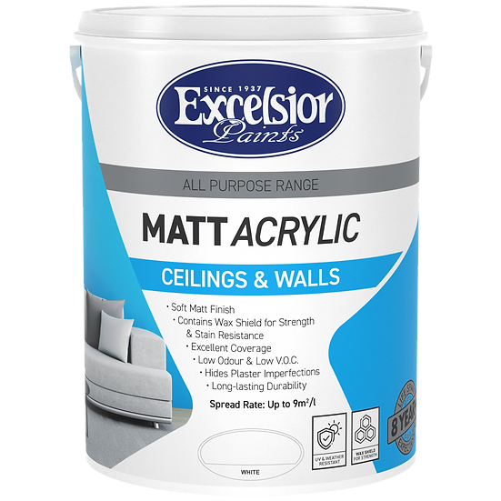 A container of All Purpose Matt Acrylic paint by Excelsior Paints, designed for ceilings and walls.