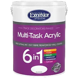 A container of Trade Decorators Multi-Task Acrylic paint in white color with branding and product information printed on the label.