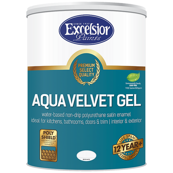 A container of Premium Aqua Velvet Gel paint by Excelsior with branding and product information on the label.