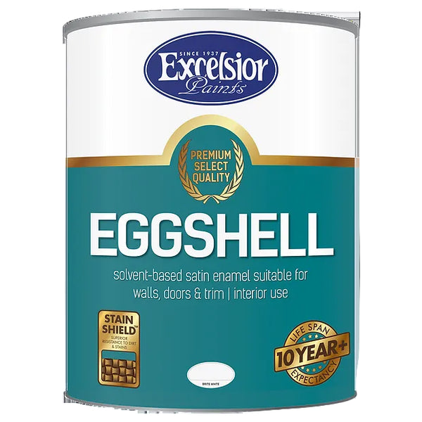 A can of Excelsior Premium Eggshell paint with a blue and white label, indicating it is a solvent-based satin enamel suitable for walls, doors, and trim.