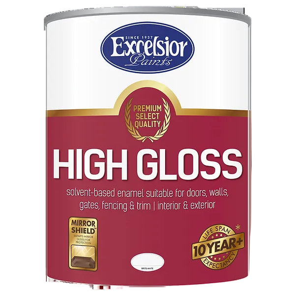 A can of Excelsior Premium High Gloss solvent-based enamel paint, with branding and product information on the label.
