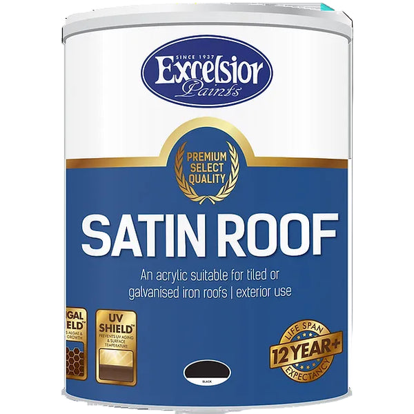A can of Premium Satin Roof Acrylic paint with the Excelsior brand logo and product information displayed on the label.