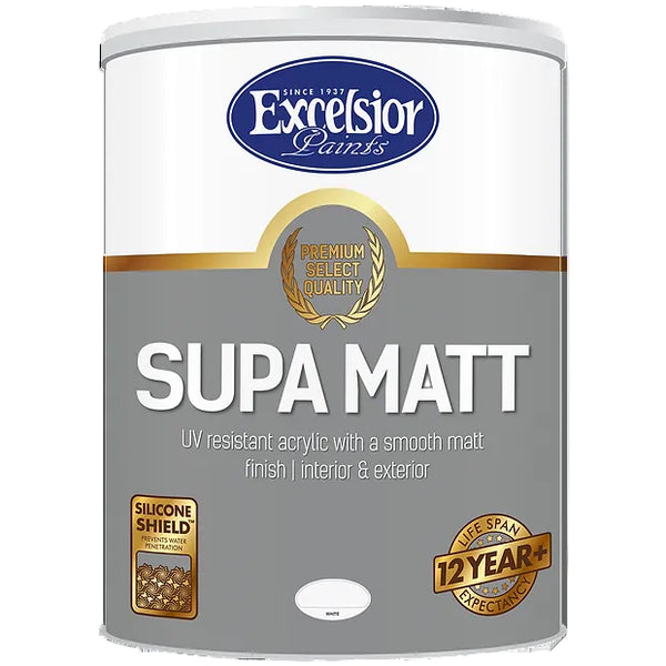 A can of Premium Supa Matt Acrylic paint by Excelsior Paints, with branding and product information displayed on the label.