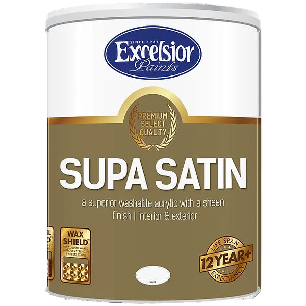 A can of Premium Supa Satin Acrylic paint by Excelsior - Premium with branding and product information on the label.