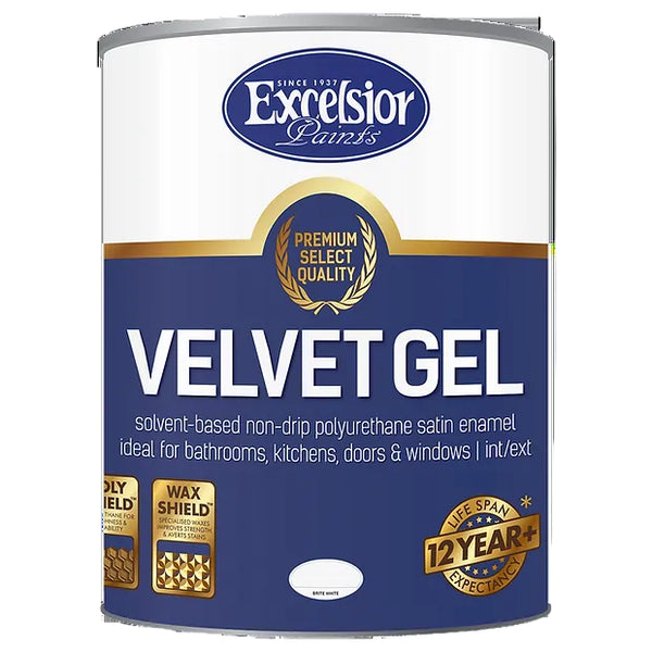 A can of Premium Velvet Gel paint by Excelsior with branding and product information on the label.