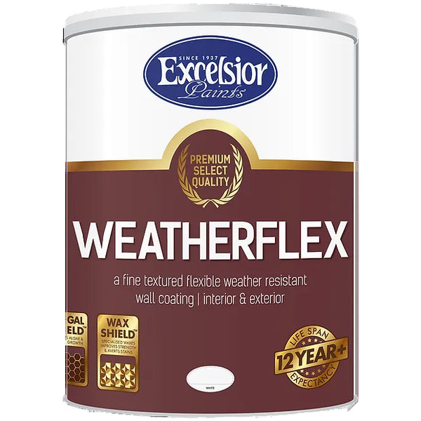 A can of Premium Weatherflex exterior acrylic paint by Excelsior Paints with branding and product information on the label.