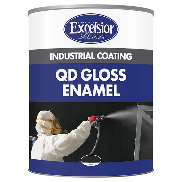 A can of Excelsior QD Gloss Enamel industrial coating paint with a picture of a person spraying the paint on a surface.