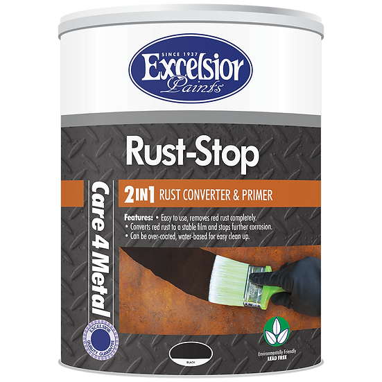 A container of Care-4-Metal Rust Stop primer from Excelsior Paints, with a picture showing a hand applying the product to a metal surface.
