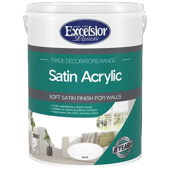 A can of Excelsior Satin Acrylic paint, with a graphic depicting a room painted with the product, indicating a soft satin finish for walls.