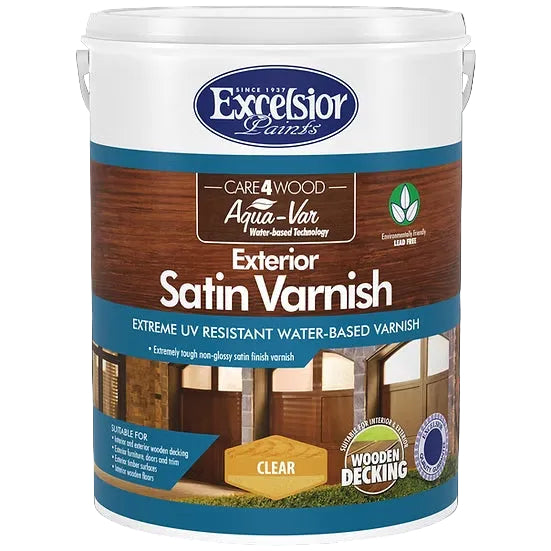 Excelsior Paints exterior satin varnish can on a white background
