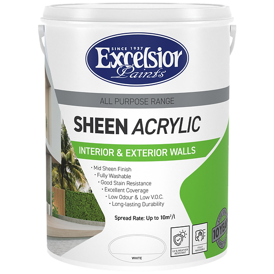 A container of All Purpose Sheen Acrylic paint by Excelsior Paints, indicating it is suitable for interior and exterior walls.