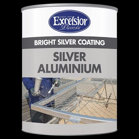 A can of Silver Aluminium paint with the Excelsior Paints logo on it, showing a picture of a metallic silver finish on a fence.