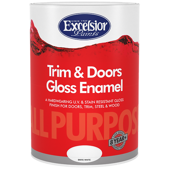 A can of Excelsior Trim & Doors Gloss Enamel paint with red and white branding.