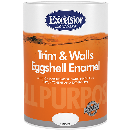 A can of Excelsior Trim & Walls Eggshell Enamel paint in white color with product details on the label.