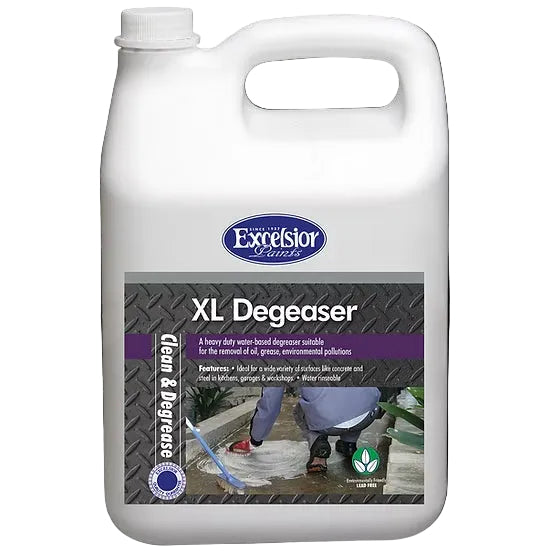 A white plastic bottle with a label that shows the brand 'Excelsior' and the product name 'XL Degreaser'. There is a picture of a metal bucket and a concrete surface in the background.
